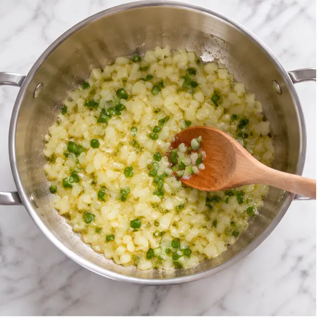 Step 1: Sautéing onion and jalapeno in butter and olive oil