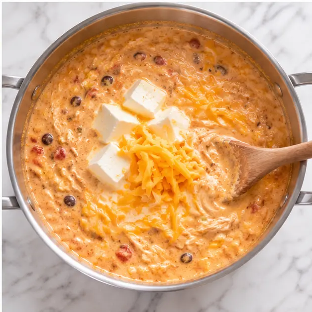 Step 4: Melting cream cheese and cheddar into the soup