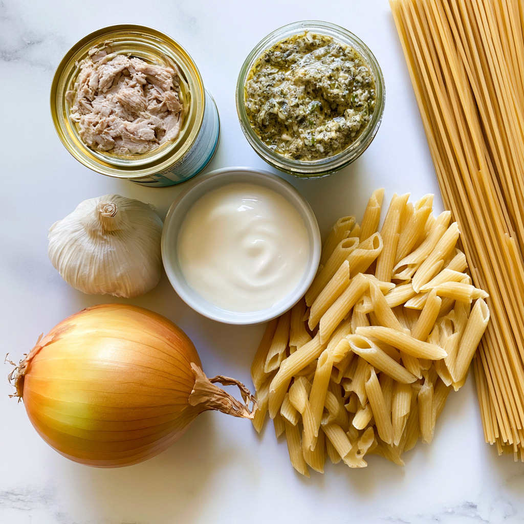 creamy tuna pesto pasta - main ingredients
