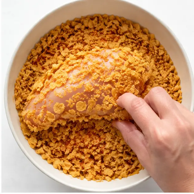 Step 2: Coat chicken in crushed cornflake mixture