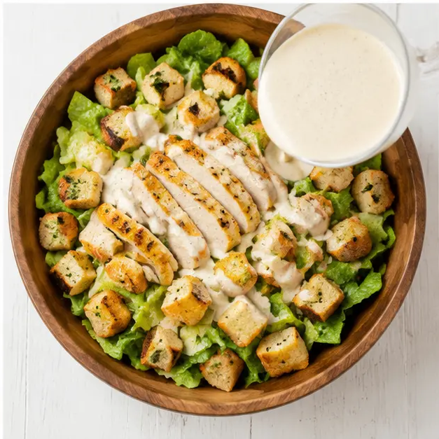 Step 4: Toss salad with dressing, chicken, and croutons