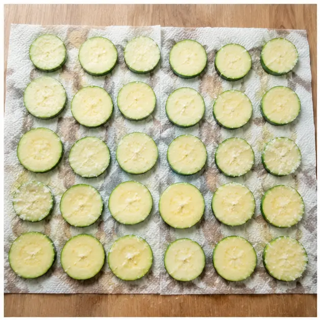 Step 1: Salting zucchini rounds on paper towels