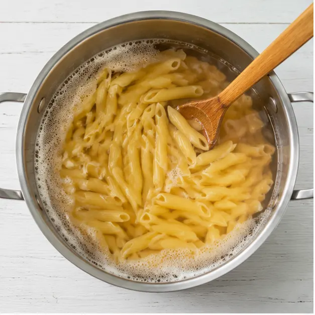Step 1: Boiling penne pasta until al dente