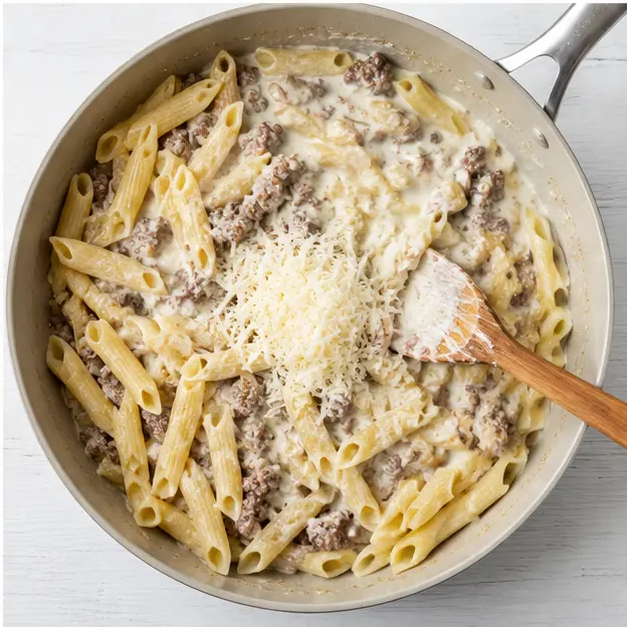 Step 4: Adding cream and Parmesan for the sauce