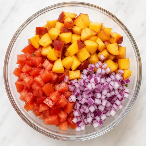 Step 1: Combine diced peaches, tomato, and red onion