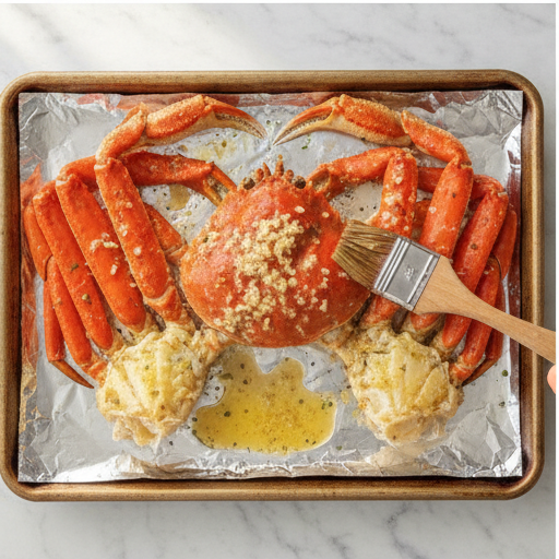 Step 3: Brushing garlic butter sauce over steamed crab legs