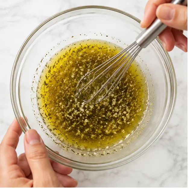Step 1: Whisking the marinade with olive oil, garlic, oregano, salt, and pepper