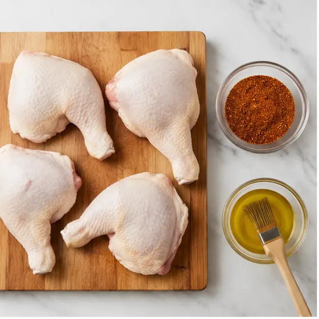 Step 1: Season chicken leg quarters with dry rub