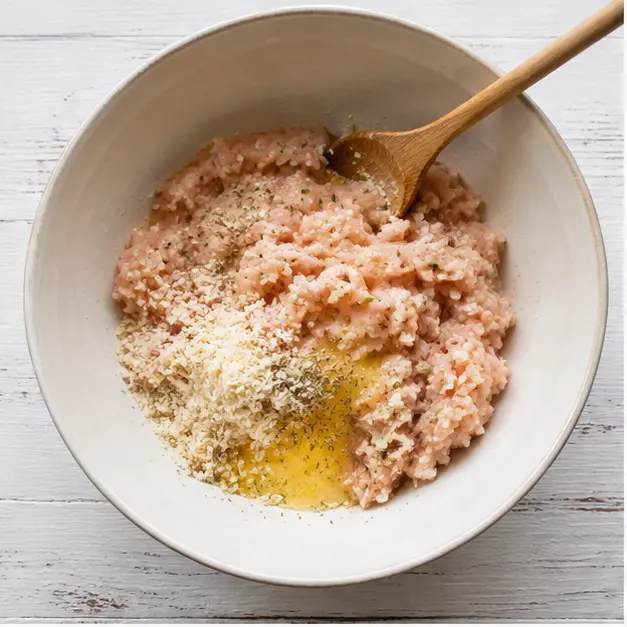Step 1: Mixing ground chicken with binder ingredients