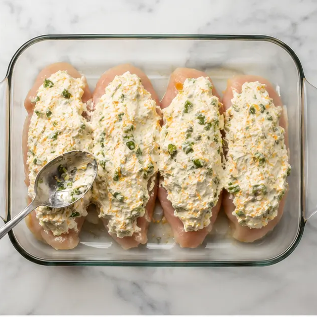 Step 2: Spoon cheese mixture over chicken fillets in baking dish
