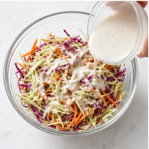 Step 3: Tossing shredded cabbage slaw with creamy dressing