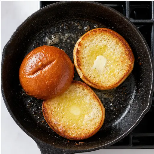 Step 4: Toasting brioche buns in butter until golden