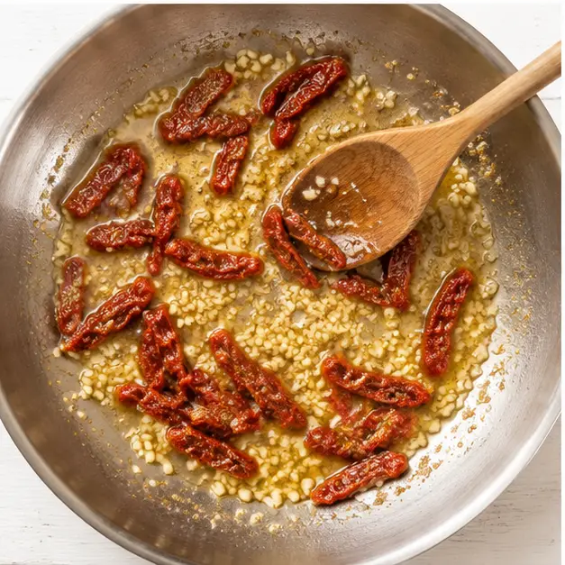 Step 3: Sautéing garlic and sundried tomatoes