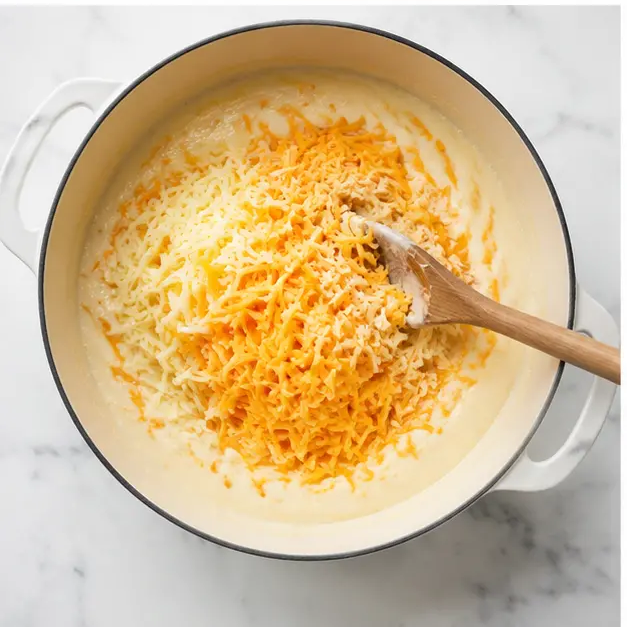 Step 3: Melting in shredded cheddar and Gruyère