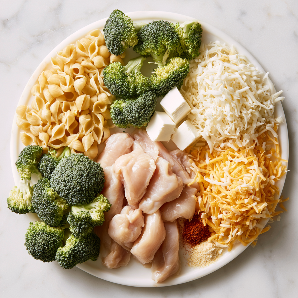one pan chicken broccoli cheddar pasta bake - main ingredients