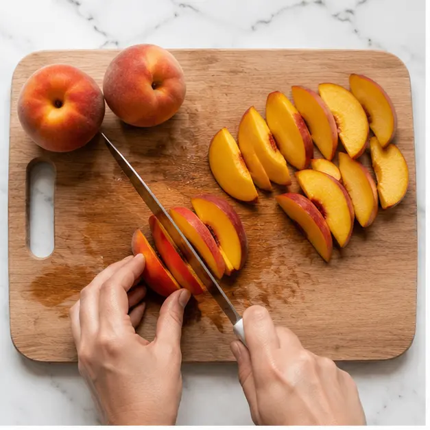 Step 1: Slicing ripe peaches into thin wedges