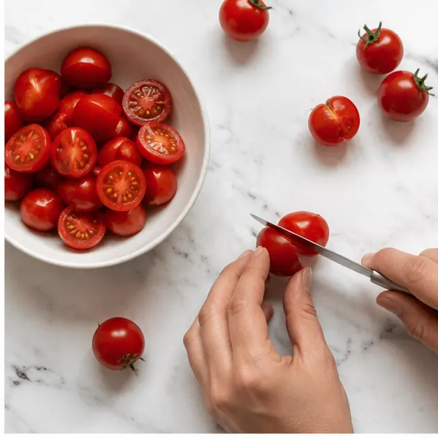 Step 2: Halving cherry tomatoes