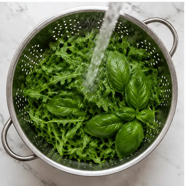 Step 3: Washing arugula and basil leaves