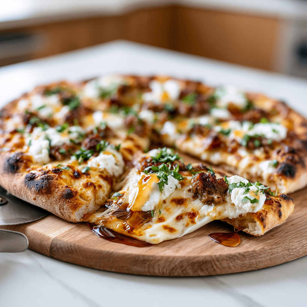 sausage ricotta honey hot pizza - final presentation