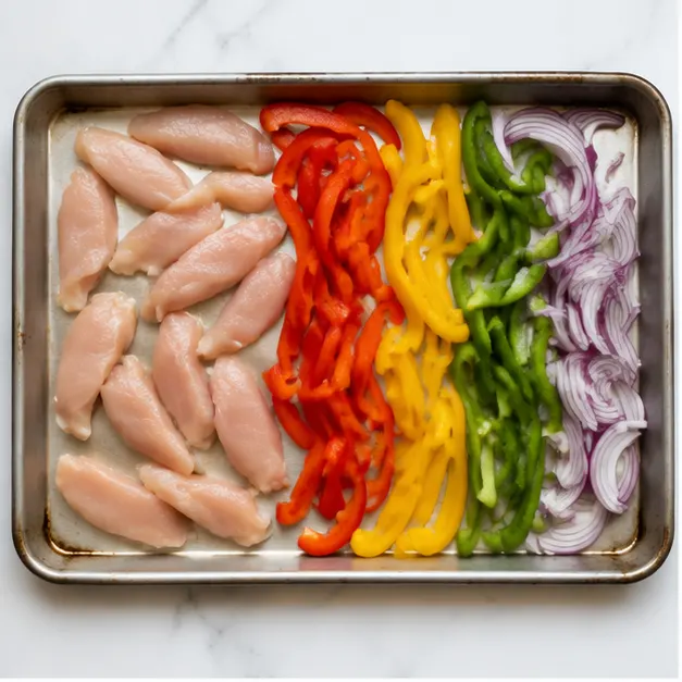 Step 1: Arrange raw chicken and sliced vegetables on sheet pan
