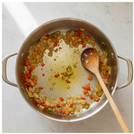 Sautéing onions, carrots, celery, and red bell pepper in a pot
