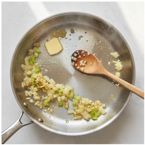 Sautéed onions, celery, and bell pepper in butter