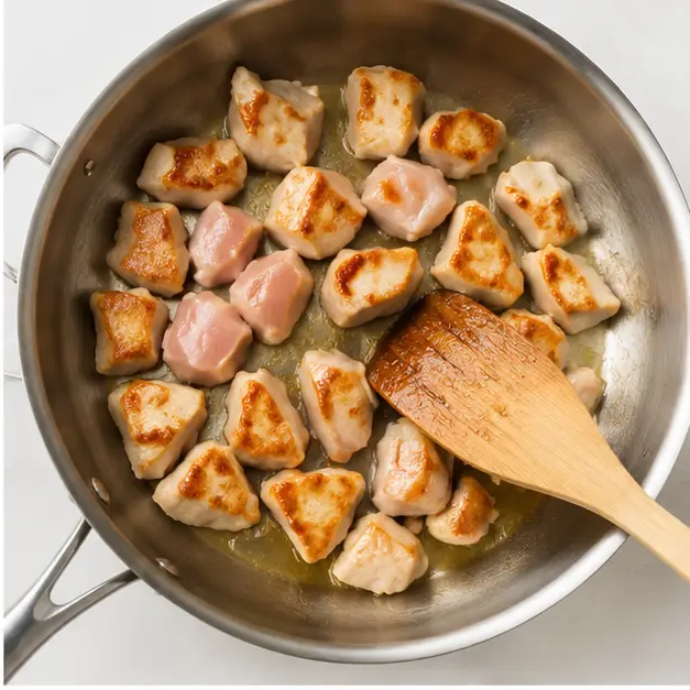 Step 2: Searing the chicken cubes in olive oil
