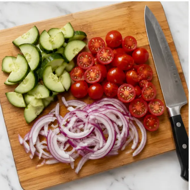 Step 3: Slicing the fresh vegetables for the salad