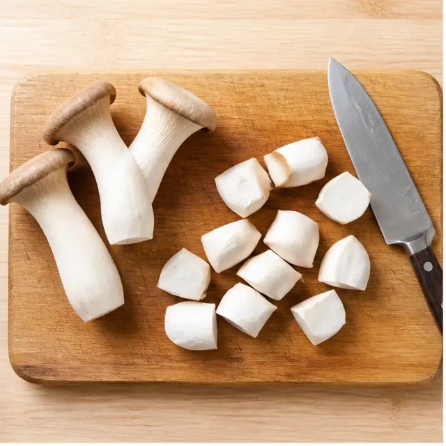 Slicing king oyster mushrooms into 1-inch chunks