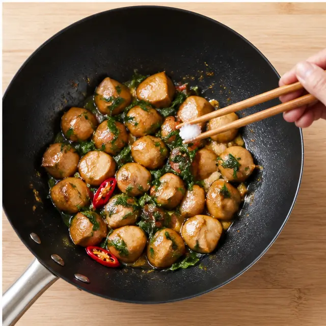 Browning the mushrooms and folding in Thai basil