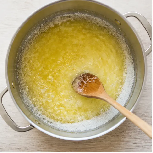 Step 1: Melting butter and sugar until smooth and glossy.