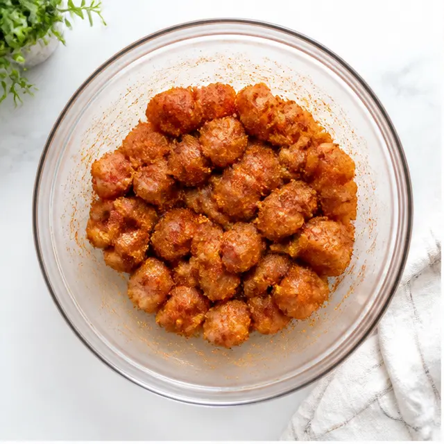 Step 1: Toss chicken chunks with cajun seasoning until coated