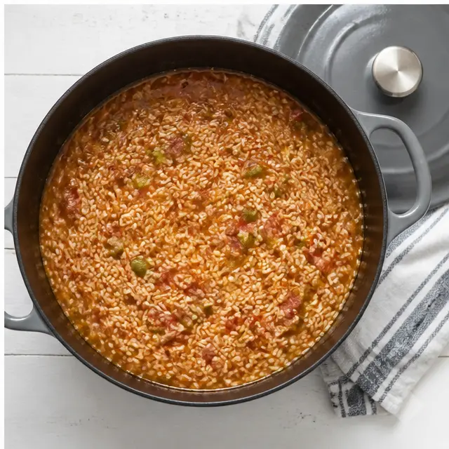 Step 4: Stirring in rice and simmering until tender