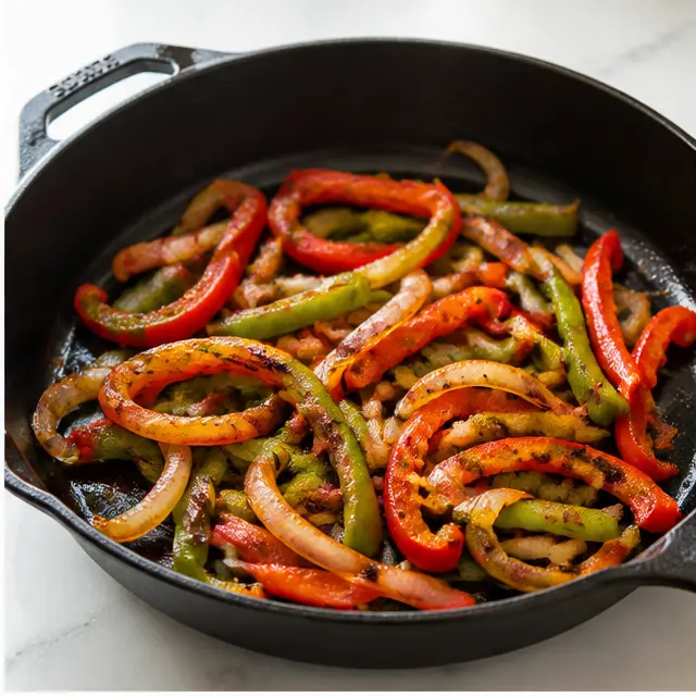 Sauté sliced peppers and onions until tender and lightly charred
