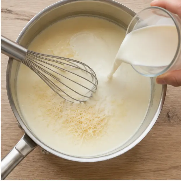 Step 2: Whisking half and half into the creamy sauce