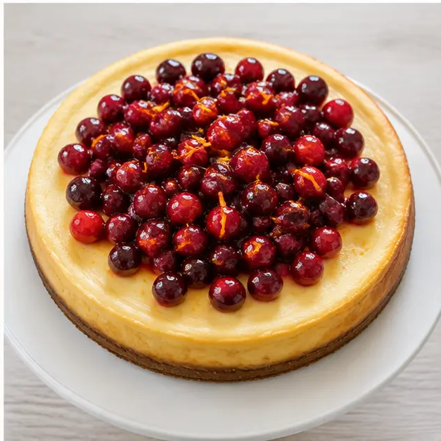 Step 4: Top the baked cheesecake with ruby-red cranberries and fresh orange zest.