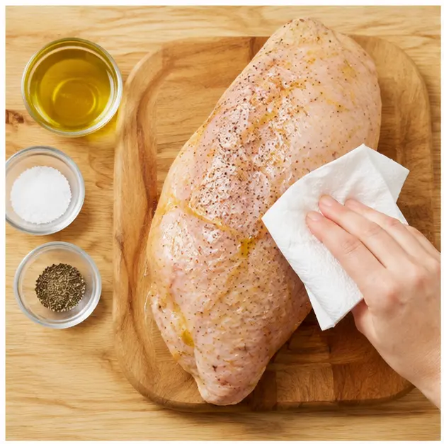 Pat dry and season the raw turkey fillet roast with olive oil, salt, and black pepper
