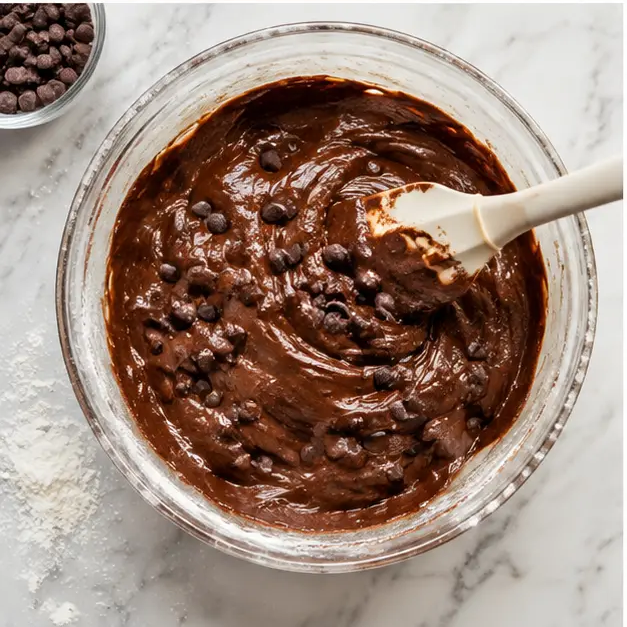 Folding flour and chocolate chips into the brownie batter