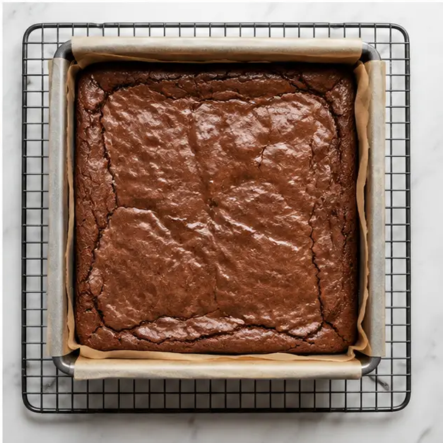 Baked brownies cooling in the pan with a crackly top