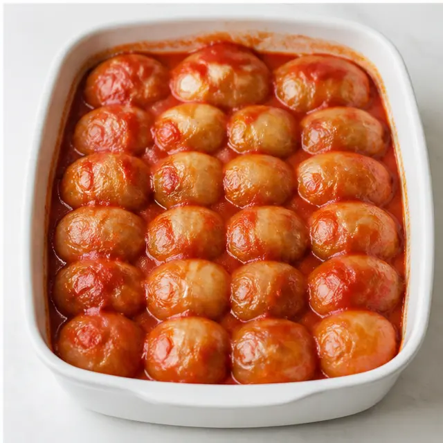 Step 4: Pouring tomato sauce over the rolls in a baking dish