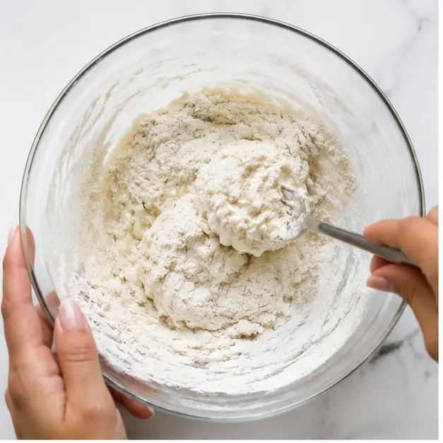 Step 1: Mixing the Greek yogurt and almond flour dough with a fork