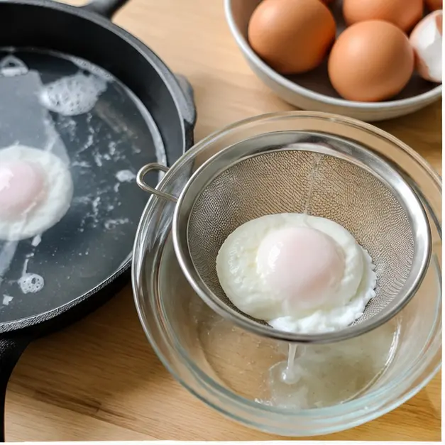 Poaching eggs: crack eggs into a fine-mesh sieve over a bowl, draining the thin white, with a deep skillet of steaming vinegar water nearby