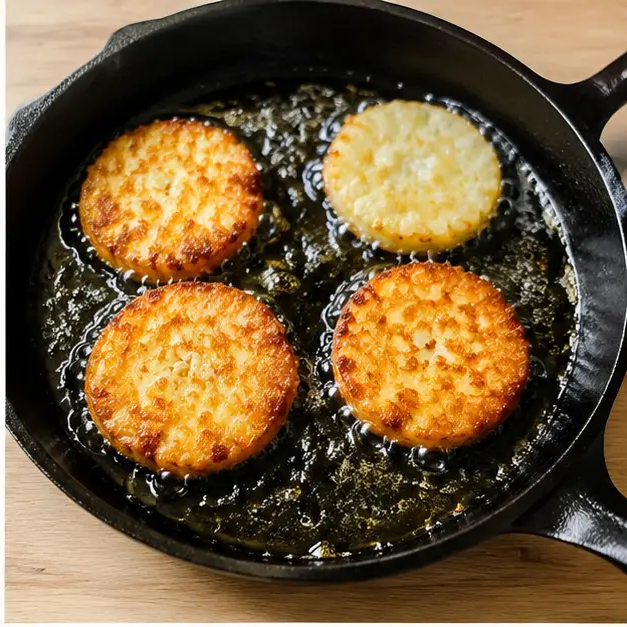 Frying hash browns: golden frozen round hash brown patties sizzling in hot oil in a cast iron skillet, first side crisping to deep golden brown