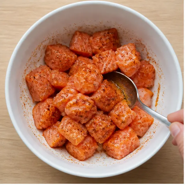 Step 1: Toss 1-inch salmon cubes in the smoky spice rub until fully coated