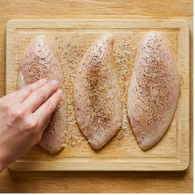 Season the chicken fillets with the salt and pepper rub