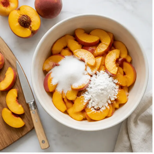 Step 1: Slicing fresh peaches and tossing with sugar