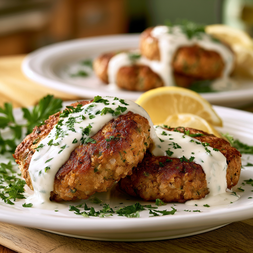 salmon patties with creamy lemon garlic sauce - final presentation