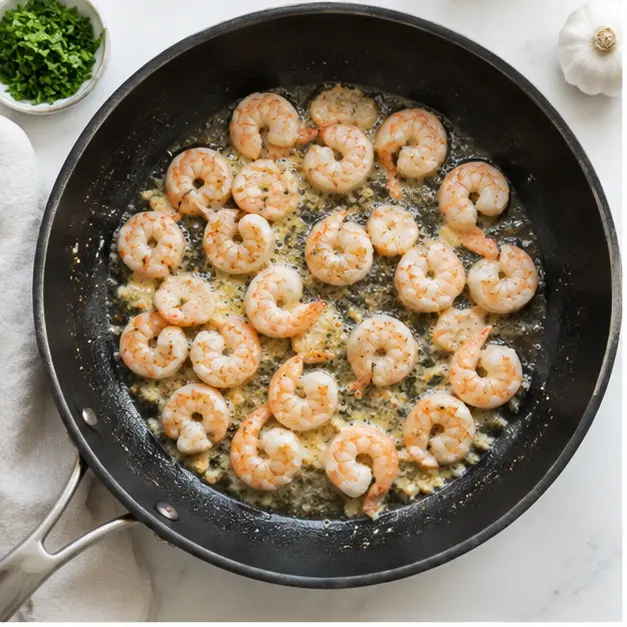 Step 1: Searing extra-large shrimp until just pink in butter and olive oil