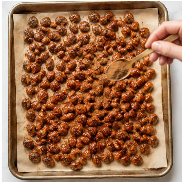 Step 4: Cooling the candied almonds on parchment and sprinkling with cinnamon