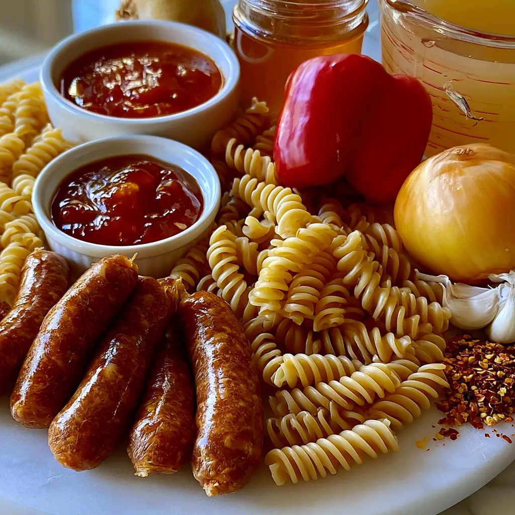 sweet chili honey garlic sausage pasta - main ingredients